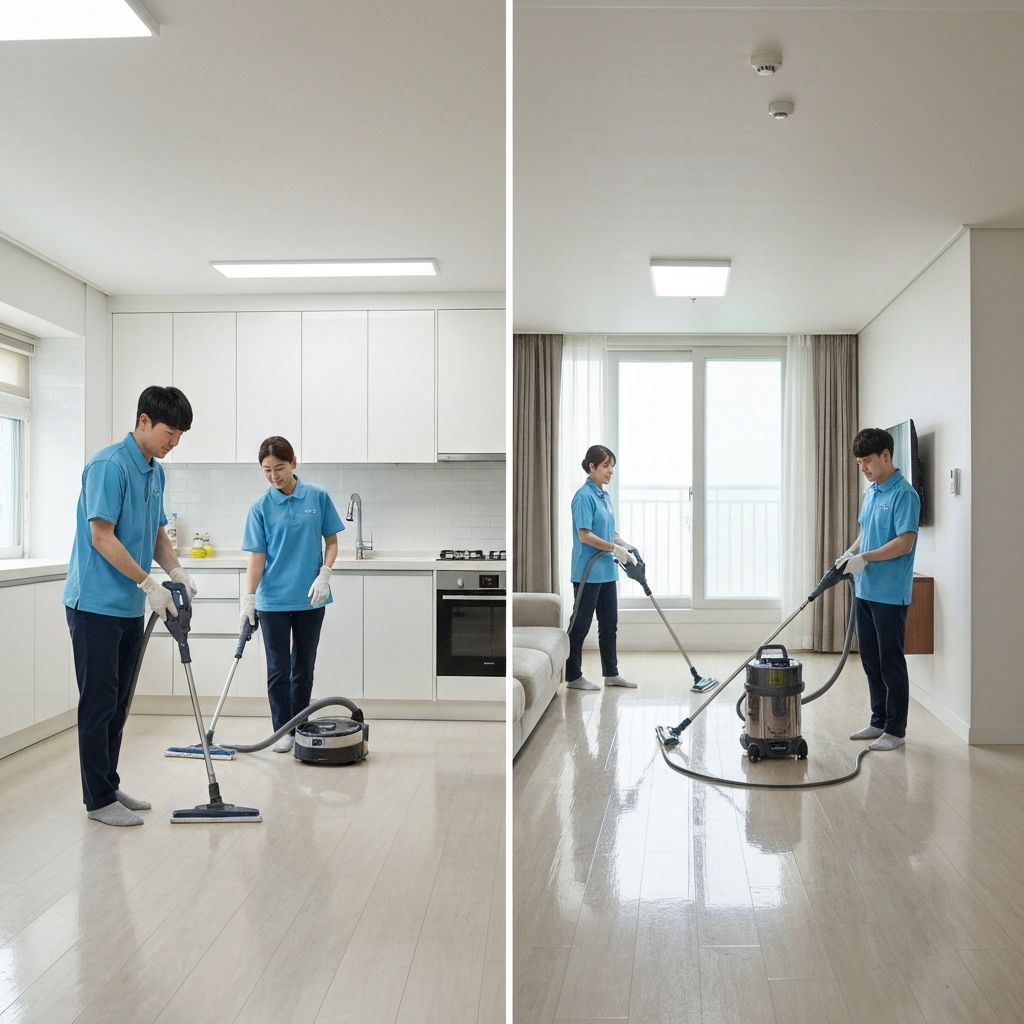 영미케어 전문 청소팀이 밝은 아파트를 청소하는 모습